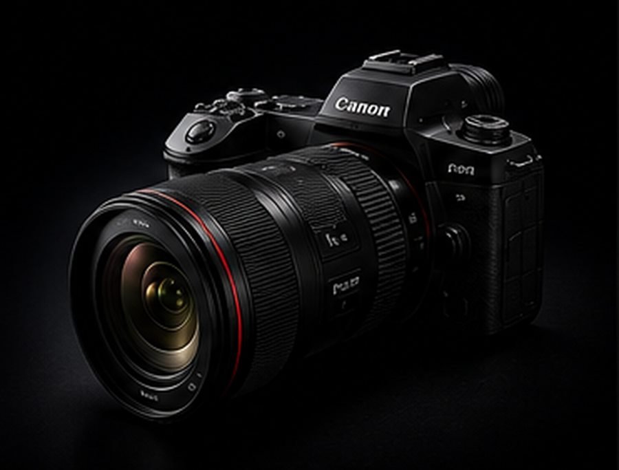 Digital camera with a zoom lens on a dark studio background