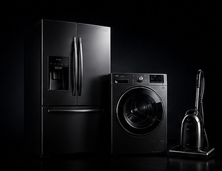 Refrigerator, washing machine and vacuum cleaner on a dark studio background