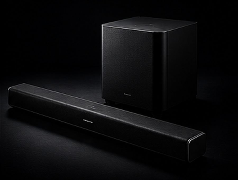 Soundbar and subwoofer on a dark studio background