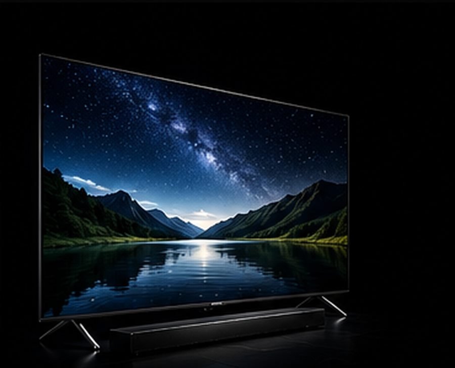 Flat-panel television on a dark studio background